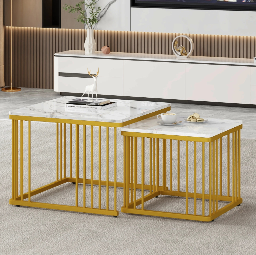 Set 2 tavolini da caffè quadrati effetto marmo bianco