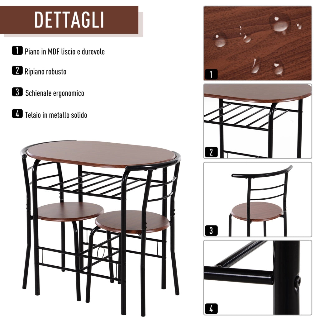 EasyComfort Set Tavolo Moderno con 2 Sedie per Sala da Pranzo, Set 3 Pezzi Mobili Salvaspazio da Cucina, Balcone, Ristorante o Bar, Marrone e Nero