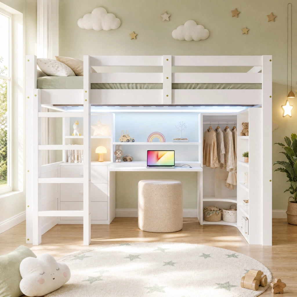Letto a soppalco 140x200 cm bianco con LED, armadio e scrivania