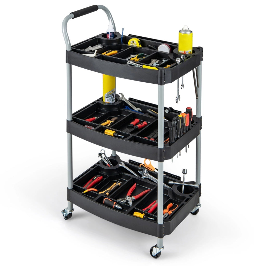 Carrello porta attrezzi a 3 strati, Carrello porta utensili con divisori multipli manico e ruote girevoli Nero-Deposito utensili Tool