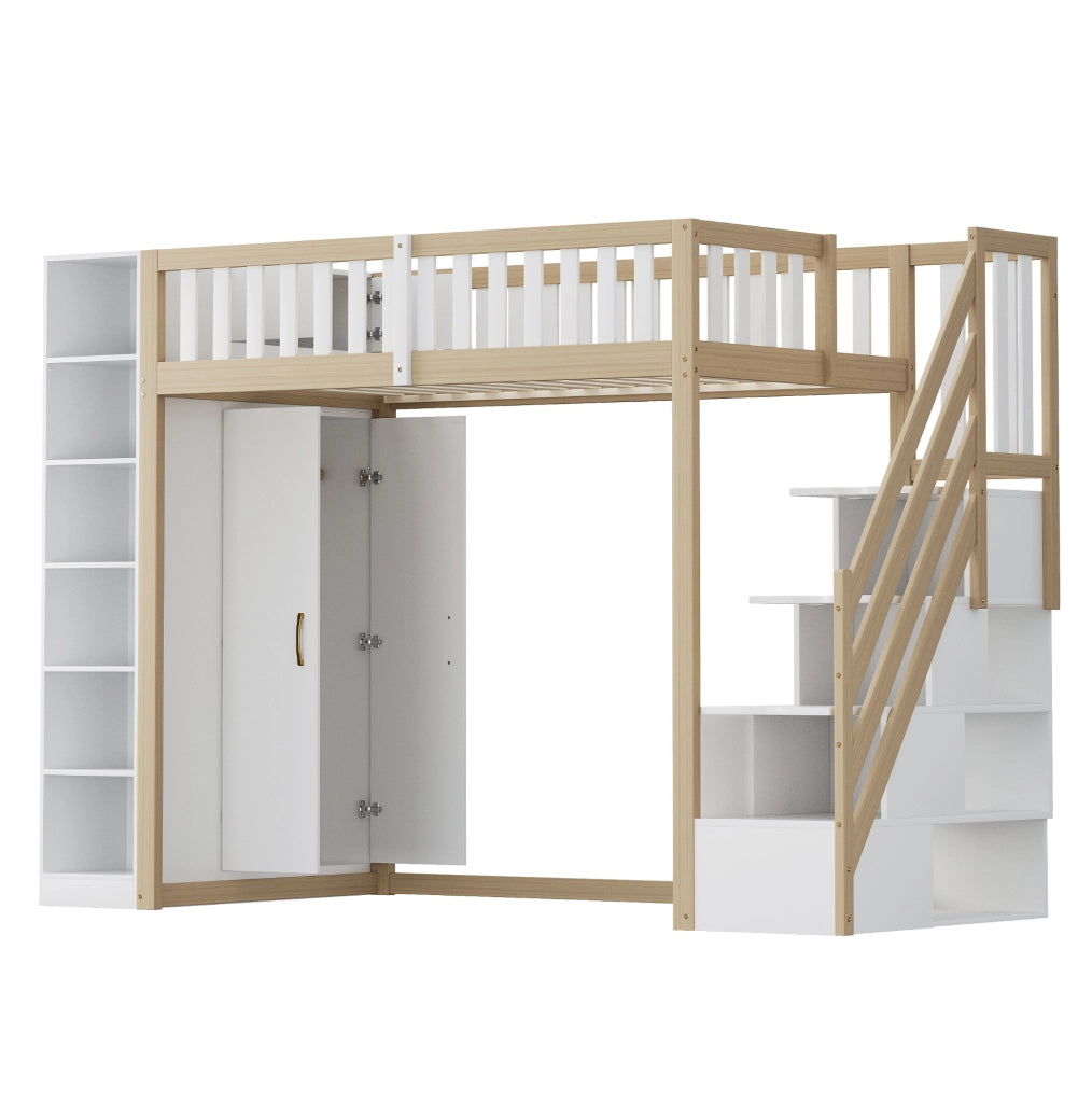 Letto a soppalco 90x200 cm con armadio; ripiani e cassetti; legno naturale e bianco