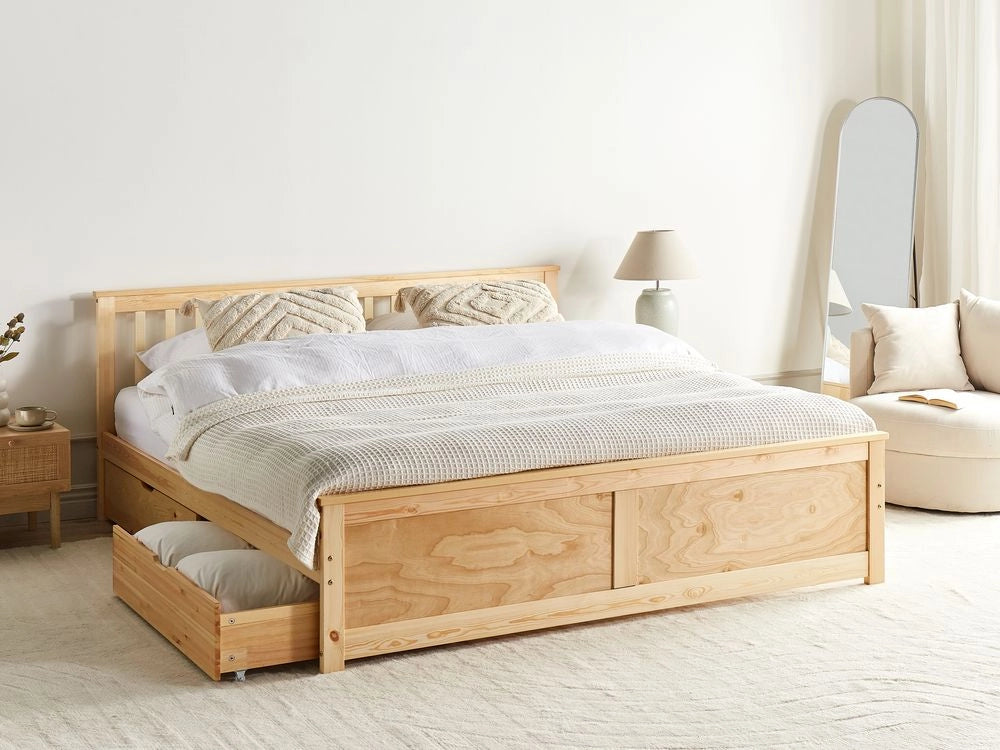 Letto in pino MDF con rete e contenitore 4 cassetti testata minimalista 160 x 200 cm marrone chiaro
