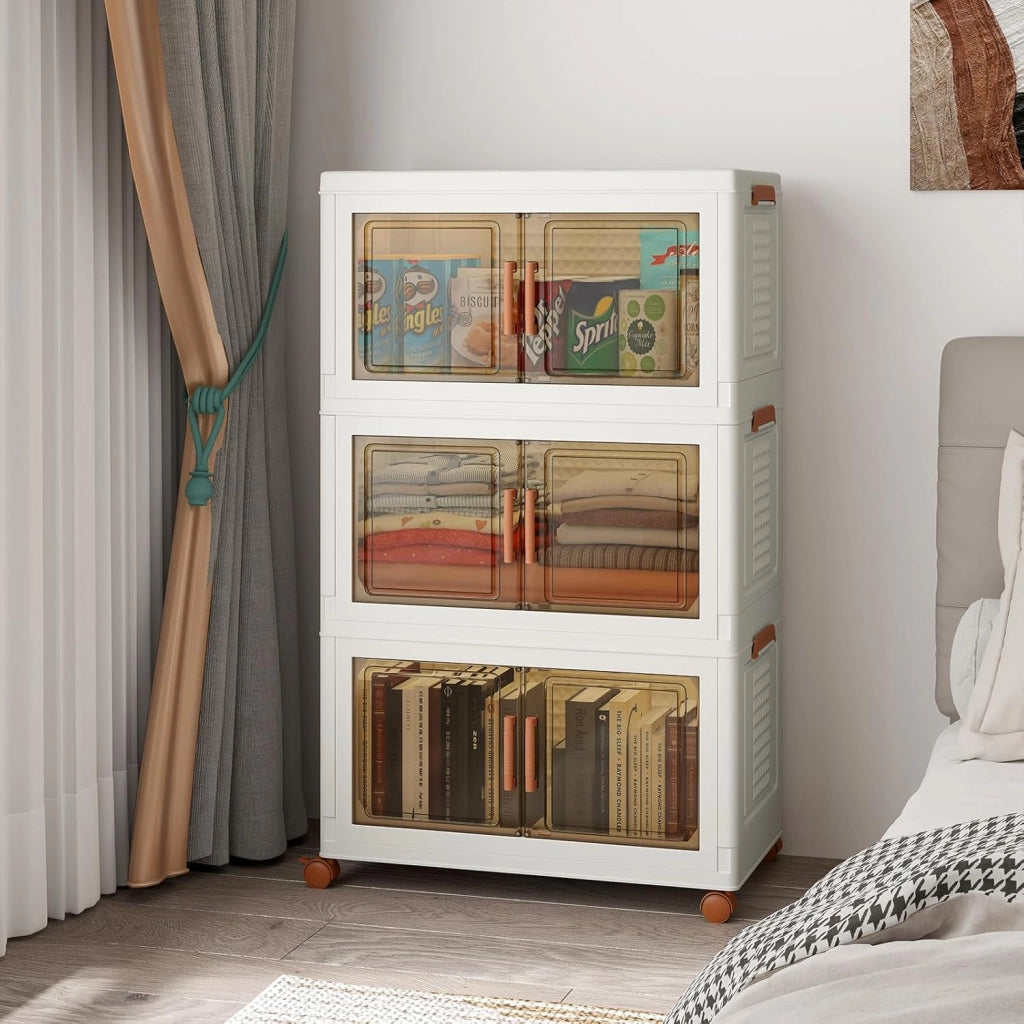 Contenitore di Archiviazione in Plastica, Organizzatore Impilabile con Coperchi e Porte, 4 Ruote, Scatole Organizzatore Pieghevoli per Soggiorno, Camera da Letto (62,5 x 34,5 x 99,5 cm)