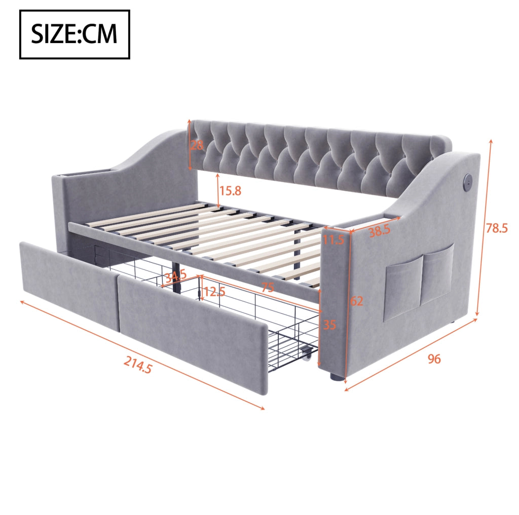 Divano letto imbottito 90x190 cm in velluto grigio chiaro; con 2 cassetti e porte USB/Type-C
