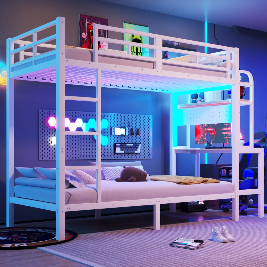 Letto a castello 90 × 200 cm con scrivania, ripiani, LED, USB, barriere di sicurezza, senza materasso, bianco