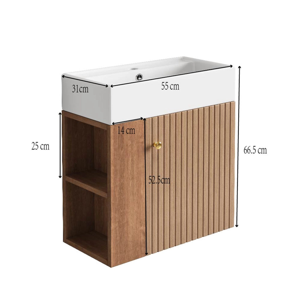 Mobile bagno ULEVR con lavabo in ceramica, vano contenitore e ripiani laterali, marrone