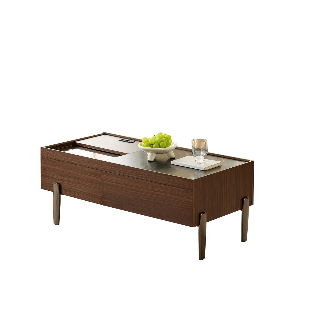 Tavolino da Caffè con 2 Cassetti; Piano Scorrevole e Piano in Vetro; Stile Industriale; in MDF; 105×50×41;5 cm; Marrone