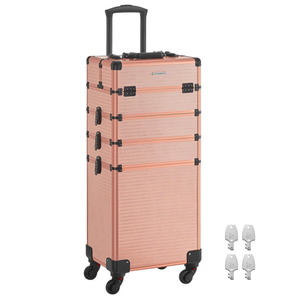 Valigetta per il trucco professionale 4 in 1 beauty case XXL (34 x 24 x 79,3 cm) con serratura ruote a 360° per viaggi manicure trucco parrucchiere rosa 12_0007834