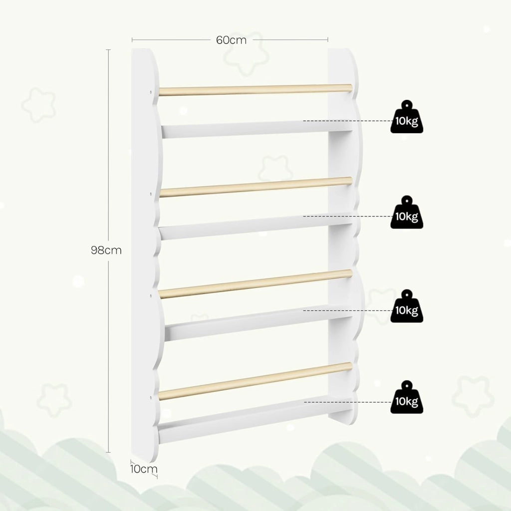 Libreria da Parete per Bambini, Piccola Libreria Frontale a 4 Ripiani in Legno, Scaffale Porta Libri a Muro per Cameretta, Bianco, 60x14,5x98 cm