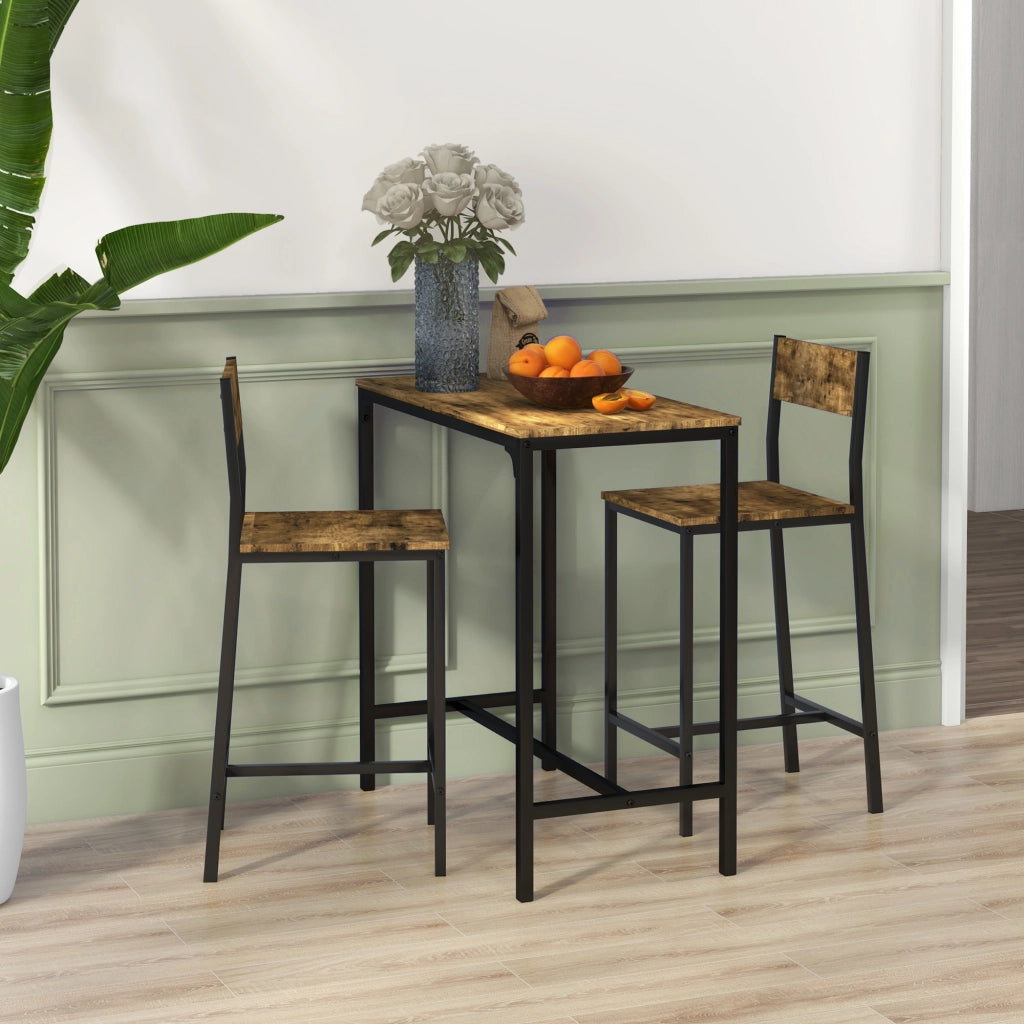 Set da Bar 3 Pezzi con Tavolo Alto e 2 Sgabelli in MDF e Metallo, Resistente e Pratico per Casa e Cucina, Marrone