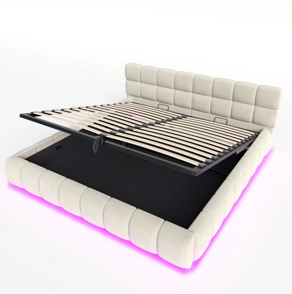 Letto imbottito 180x200 cm con contenitore idraulico e LED in velluto beige