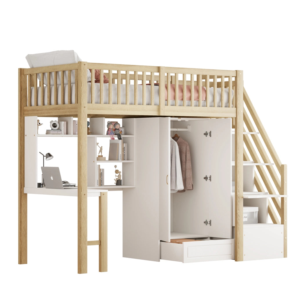 Letto a soppalco 90x200 cm con armadio; scrivania e scala con cassetti; bianco e legno