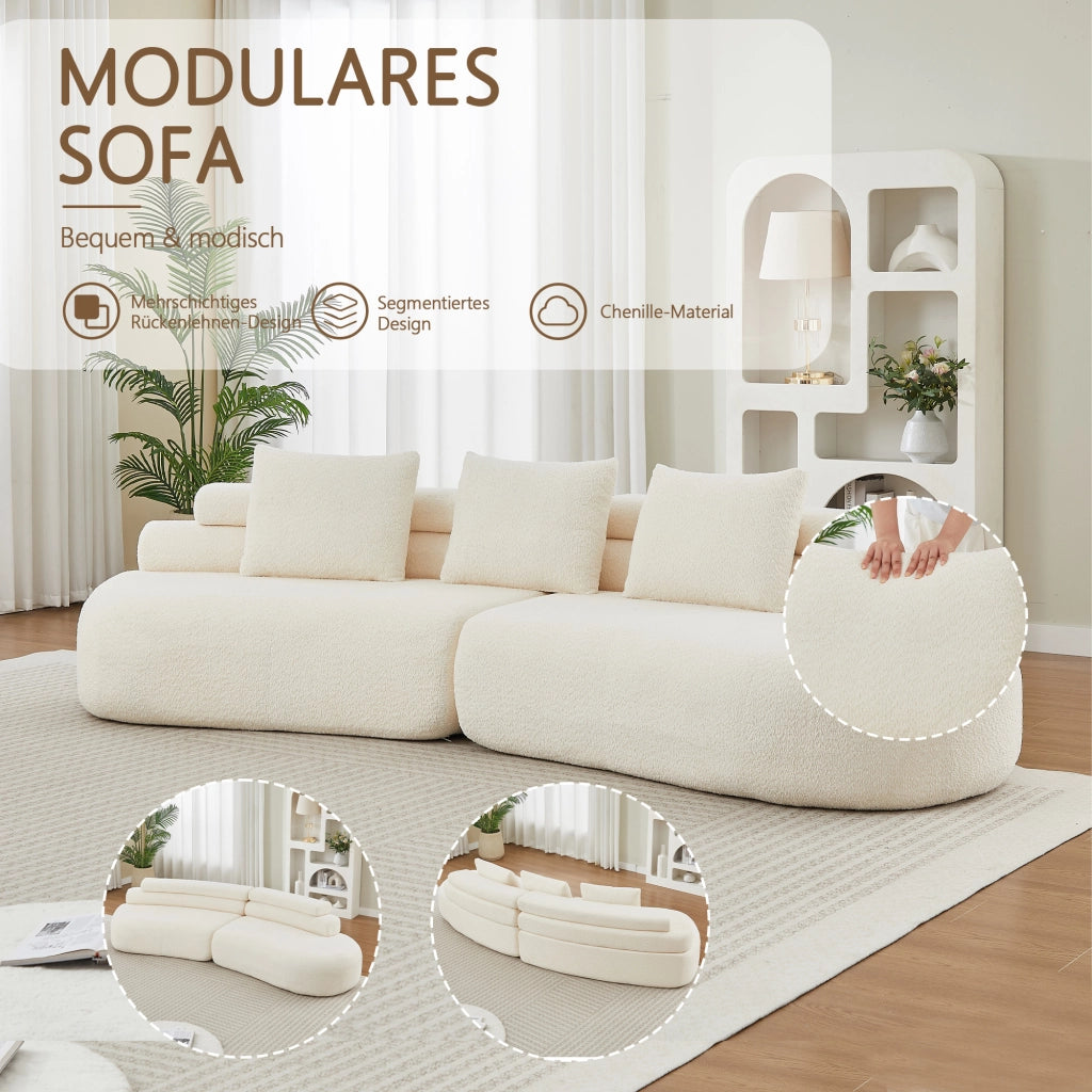 Divano modulare a due moduli curvi segmentati senza braccioli con 3 cuscini schienale per salotto in ciniglia beige