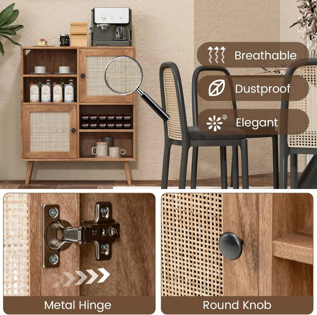 Credenza da cucina con 2 ante in rattan, armadio con 4 ripiani aperti e 2 armadi, 80 x 29,5 x 97 cm, mobile ausiliario per cucina, sala da pranzo, soggiorno