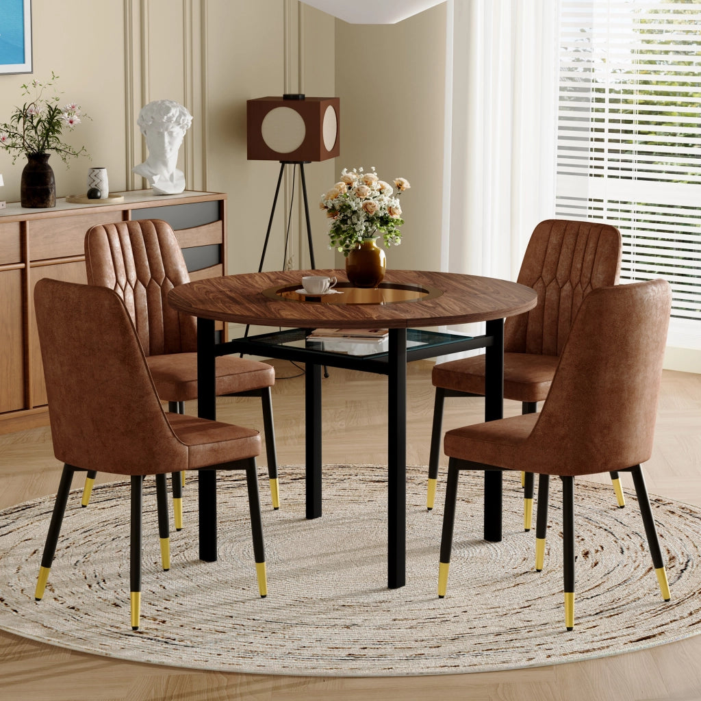 Tavolo da pranzo rotondo con 4 sedie, piano in MDF effetto legno, inserto in vetro e ripiano per cucina e soggiorno 100 cm