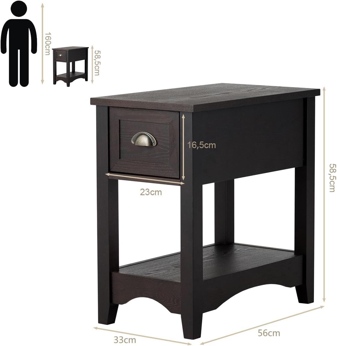 Tavolino da Salotto in Legno Massello, Comodino con 1 Cassetto e 1 Ripiano, Tavolino Basso da Soggiorno e Camera da Letto (56 x 33 x 58,5 cm, Caffè, 2)