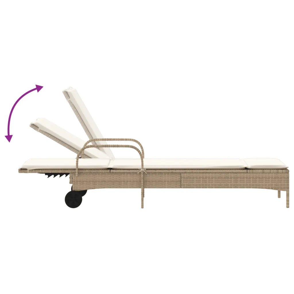 vidaXL Lettino Prendisole con Ruote e Cuscino in Polyrattan Beige