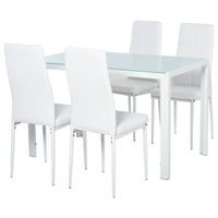 Set da Pranzo Tavolo con Piano in Vetro e 4 Sedie in Metallo e Similpelle  Bianco