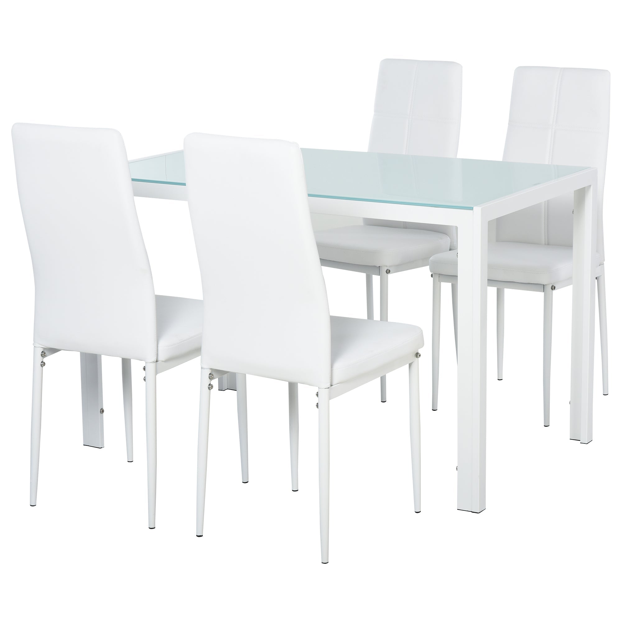 Set da Pranzo Tavolo con Piano in Vetro e 4 Sedie in Metallo e Similpelle  Bianco