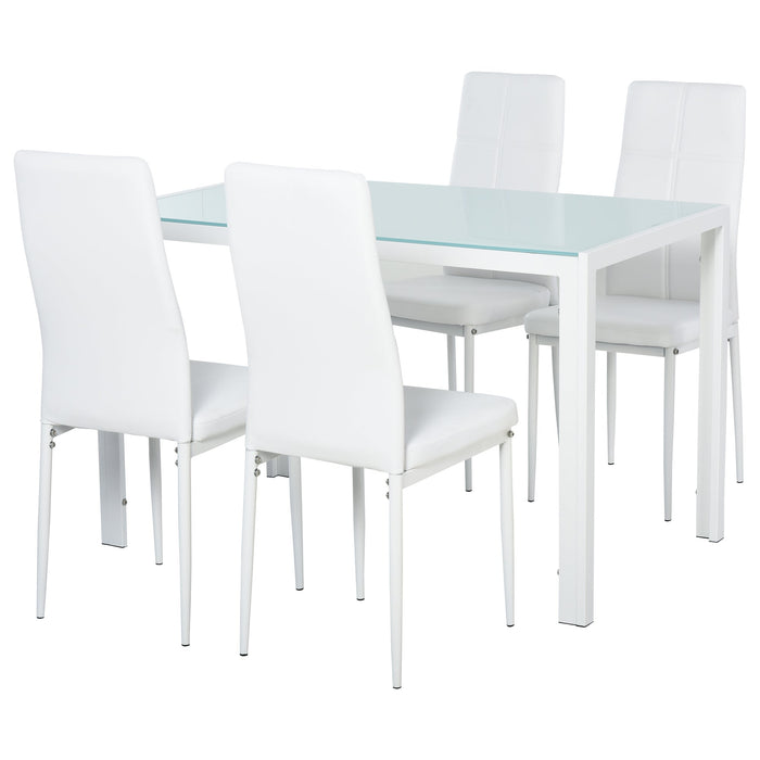 Set da Pranzo Tavolo con Piano in Vetro e 4 Sedie in Metallo e Similpelle  Bianco
