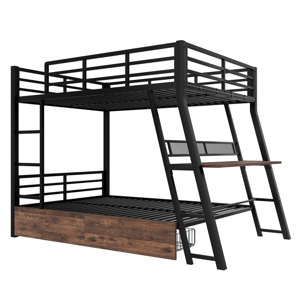 DESMIU Letto a Soppalco 2 Posti con 2 Cassetti, Scrivania, LED Regolabile e Scala 140 × 200 cm, Senza Materasso