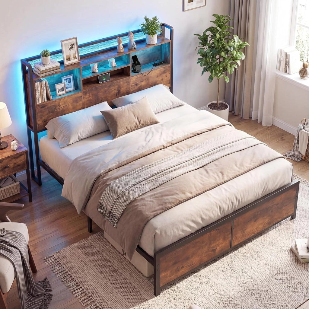Struttura Letto con Testiera Contenitore, Letto a Piattaforma in Metallo con Stazione di Ricarica 3 Ripiani, Silenzioso, Carico Massimo 300kg (140 x 200cm Stile 2)