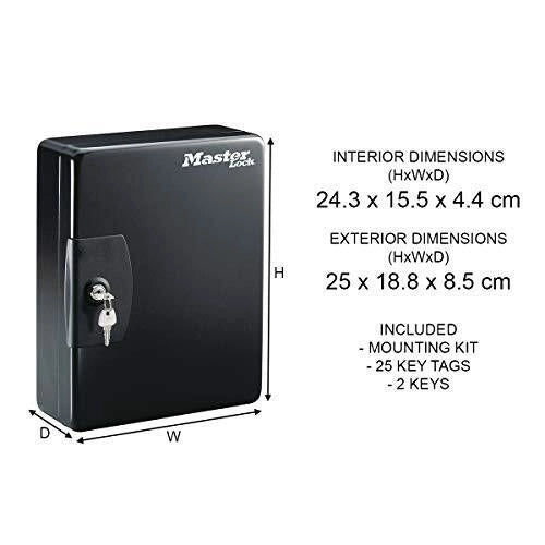 Master Lock KB-25ML Armadietto Portachiavi per 25 Chiavi con Chiusura a Chiave e Gancetti in Acciaio colore Nero
