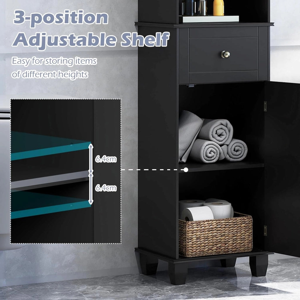 Mobile da bagno alto 172 cm, colonna bagno con 3 ripiani aperti, 1 cassetto, 1 anta e ripiano regolabile, salvaspazio, mobile portaoggetti per cucina, soggiorno (nero)