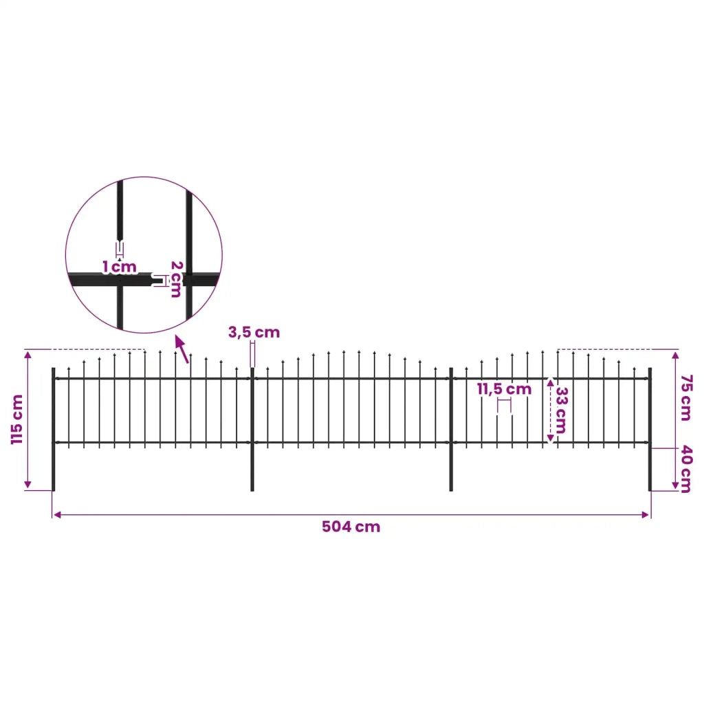 Recinzione da giardino con punta a lancia in acciaio 504x75 cm nera 277705