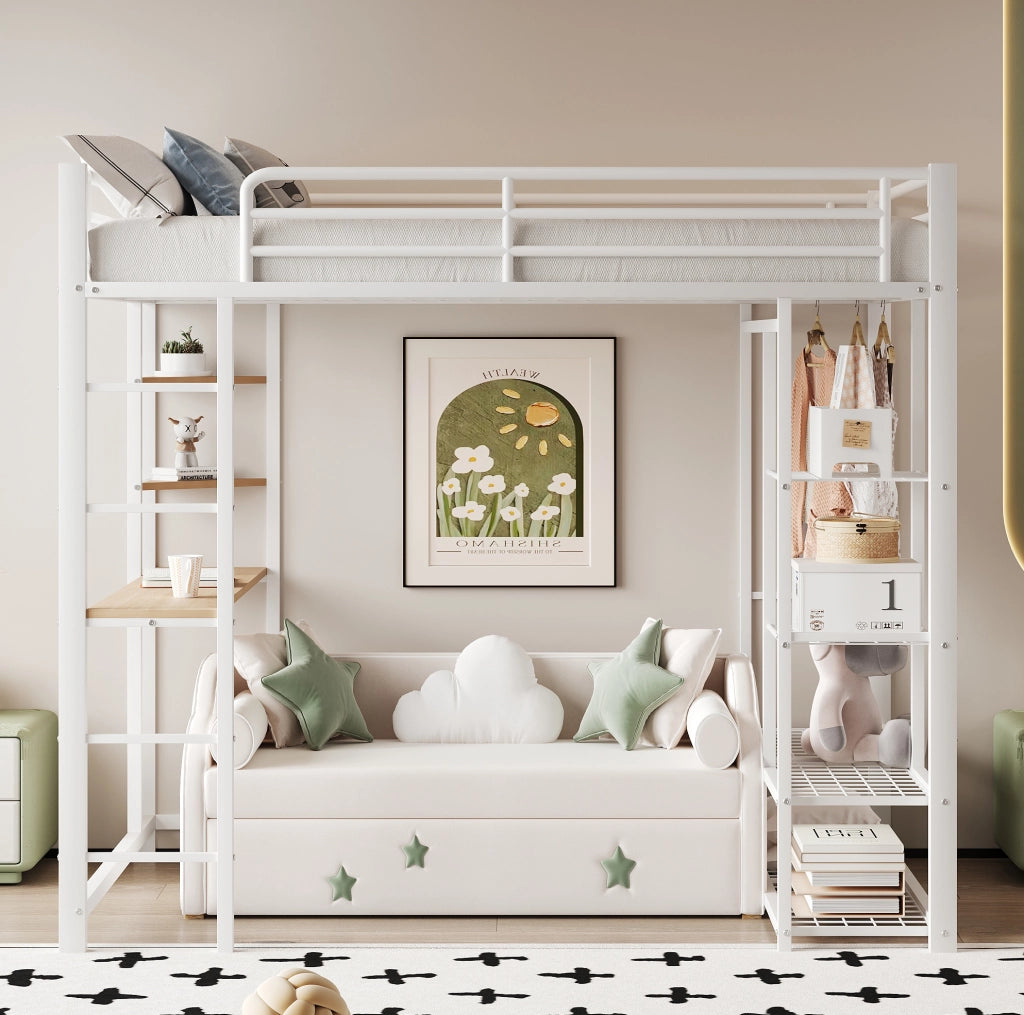 Letto a soppalco 90x200 cm con scrivania e armadio, bianco