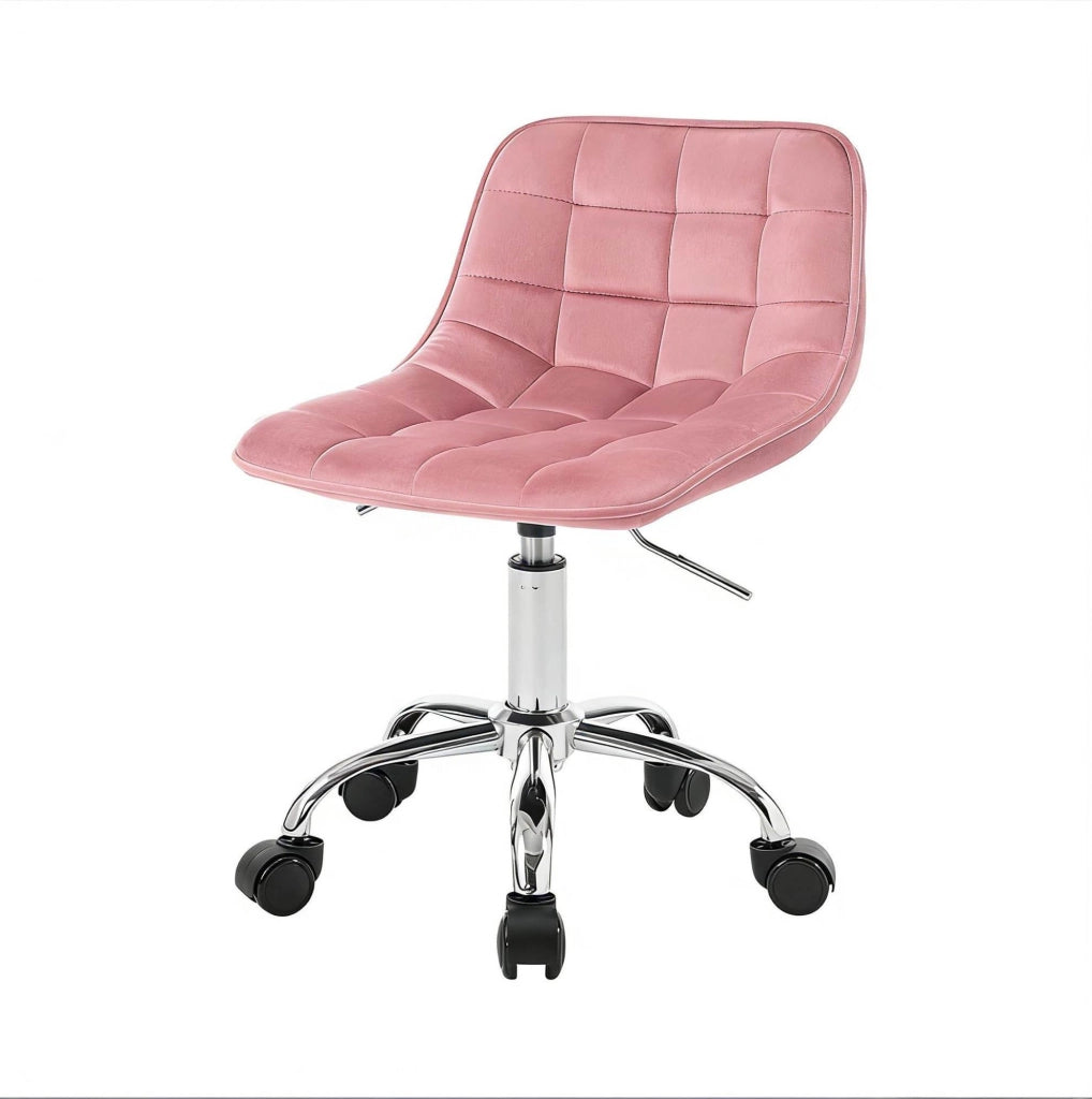 Sgabello da ufficio rosa regolabile in velluto con ruote