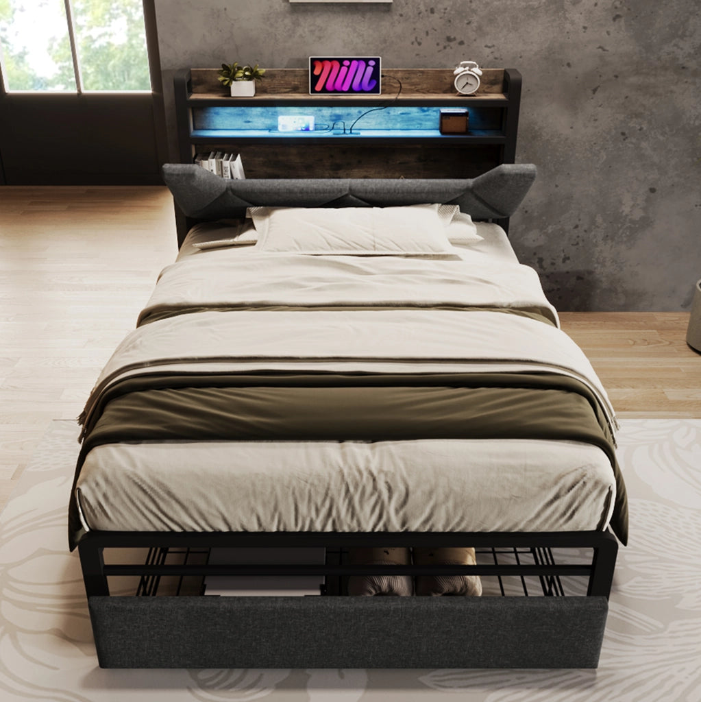 Letto singolo 90x200 cm con LED, USB/Type-C, testiera contenitore e cassetto