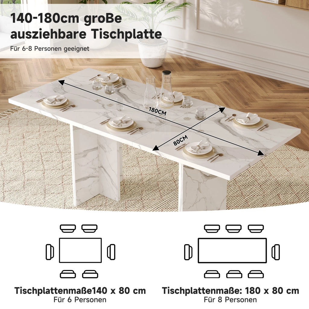 TAVOLO da pranzo allungabile 140-180 cm per 6-8 persone MDF White Marble