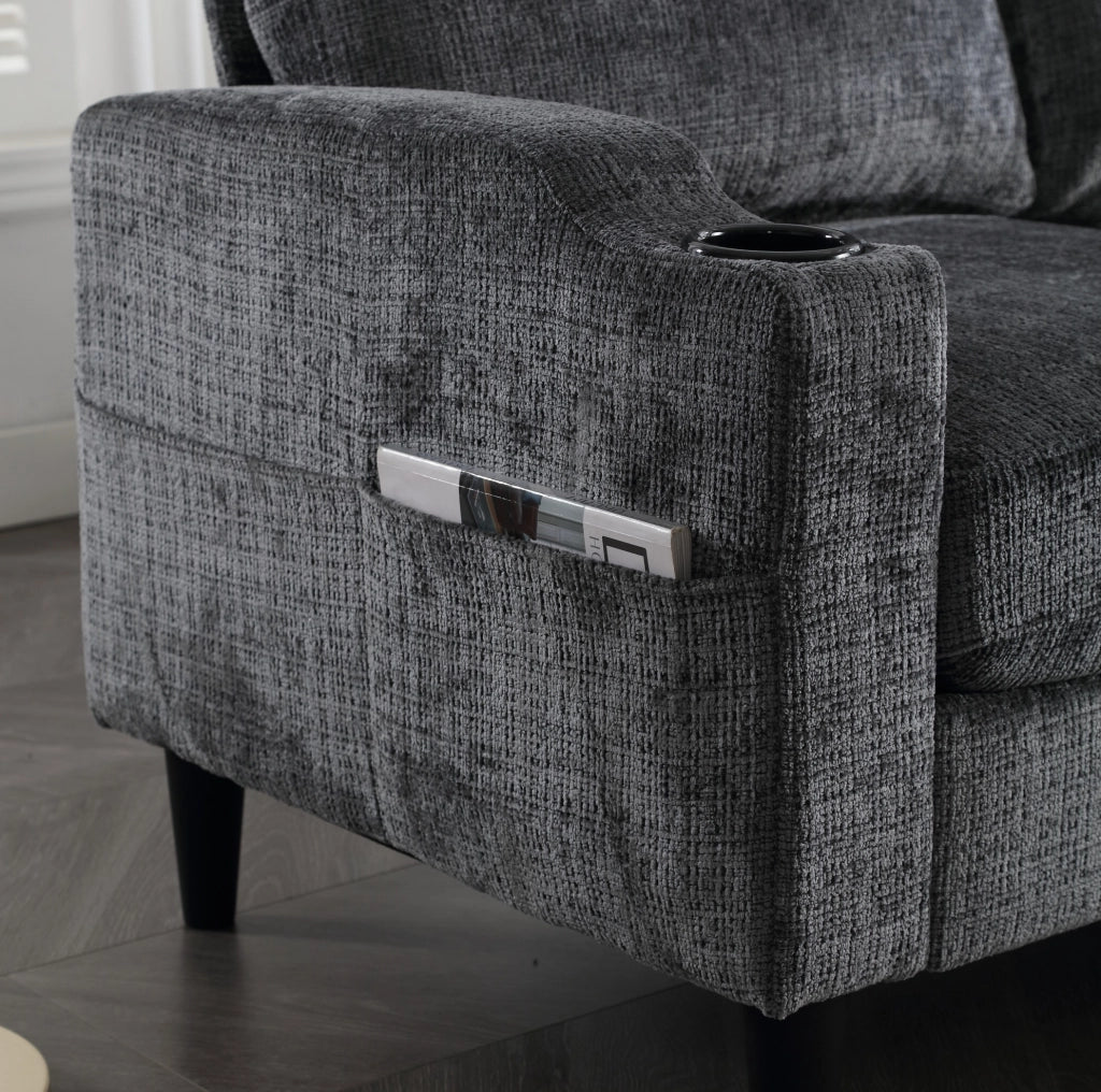 Divano 4 posti 196.5x75x77 cm con pouf contenitore; braccioli con porta bicchieri; chenille grigio