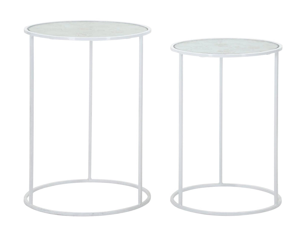Tavolinetti Bianco Harts Coppia Ø43x60-38x55 cm in Ferro e Vetro Bianco
