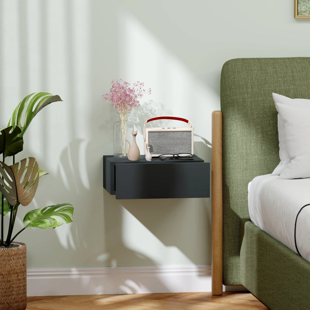 Comodino Sospeso Moderno 40x30x15 cm con Cassetto in Legno Nero