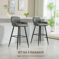 Set 2 Sgabelli da Bar Moderni con Poggiapiedi e Schienale, Finta Pelle PU e Acciaio, Grigio