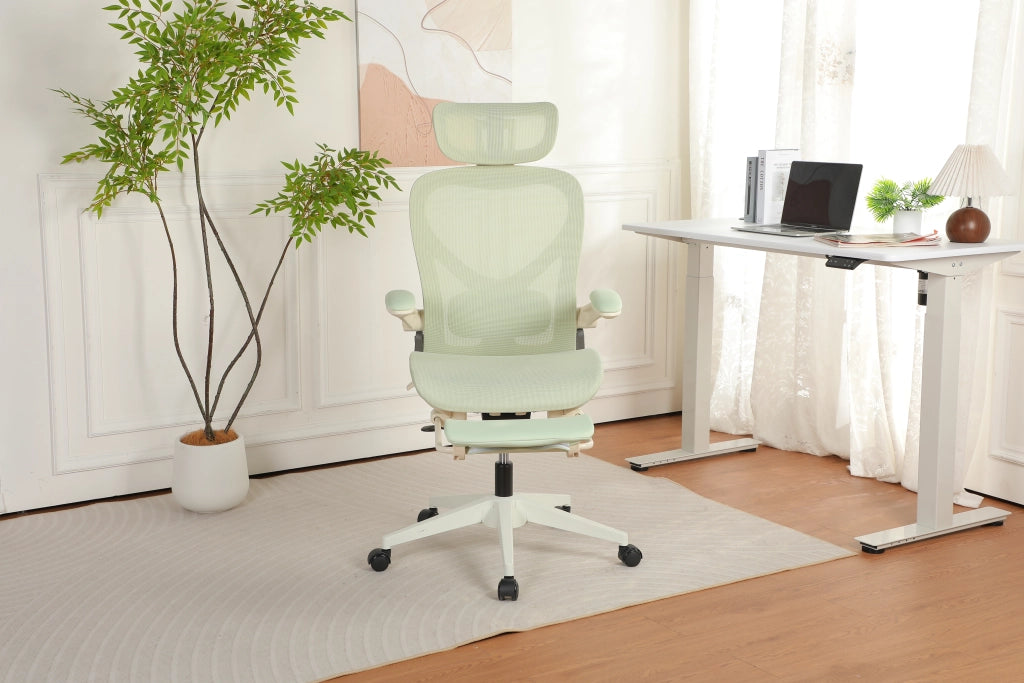 Sedia da ufficio ergonomica pieghevole con supporto lombare, poggiatesta 3D e braccioli ribaltabili in mesh verde
