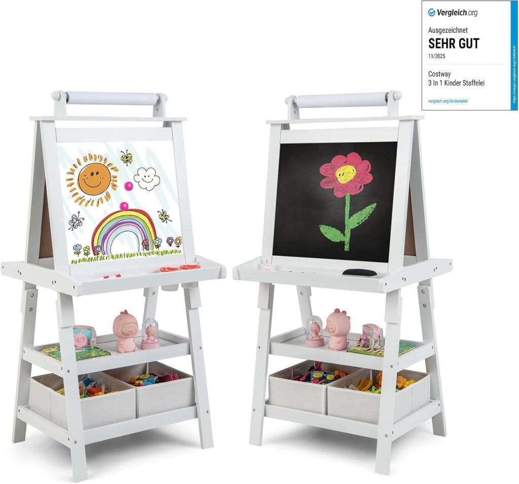 3 in 1 Cavalletto per Bambini con Doppia Faccia, Cavalletto per Disegno con 2 Vassoi e 2 Scatole, Lavagna Bambini in Legno (Blu)