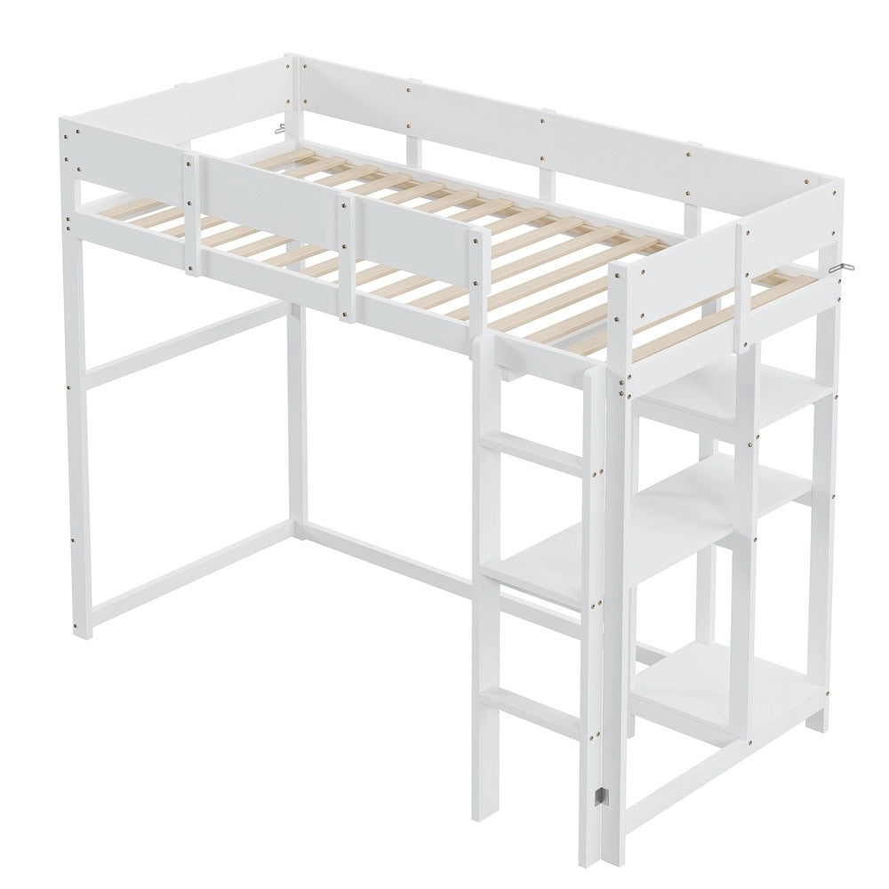 Letto a Soppalco con Ripiano ¨C MINIMAL ¨C Pino Massello, Rete a Doghe, Bianco, 90x200