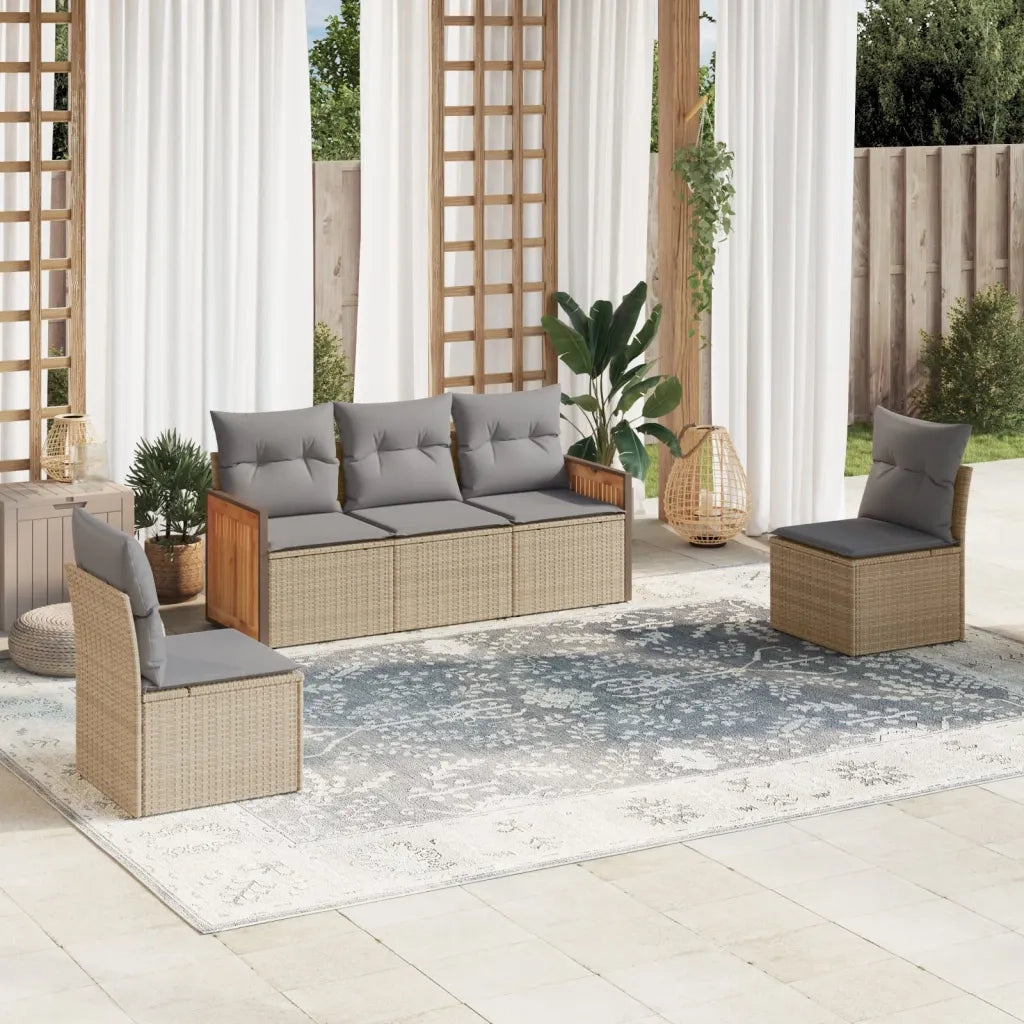 Set Divano da Giardino 5 pz con Cuscini-Sofa da Giardino-Divanetto da esterno Beige in Polyrattan 457598