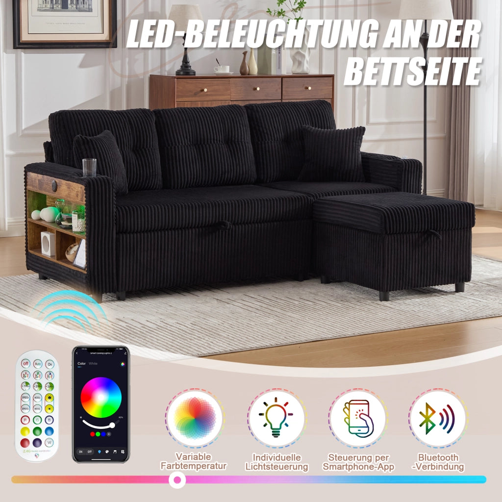 Divano convertibile in velluto a coste con letto estraibile, USB-C, LED, porta bicchieri e contenitore nero