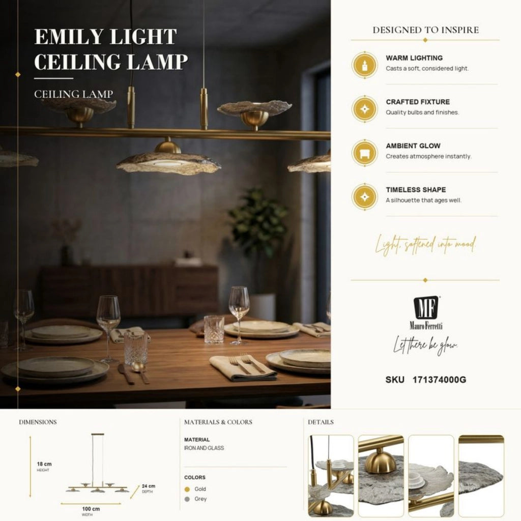 Lampadario lineare Emily a 5 luci in ferro dorato e vetro grigio
