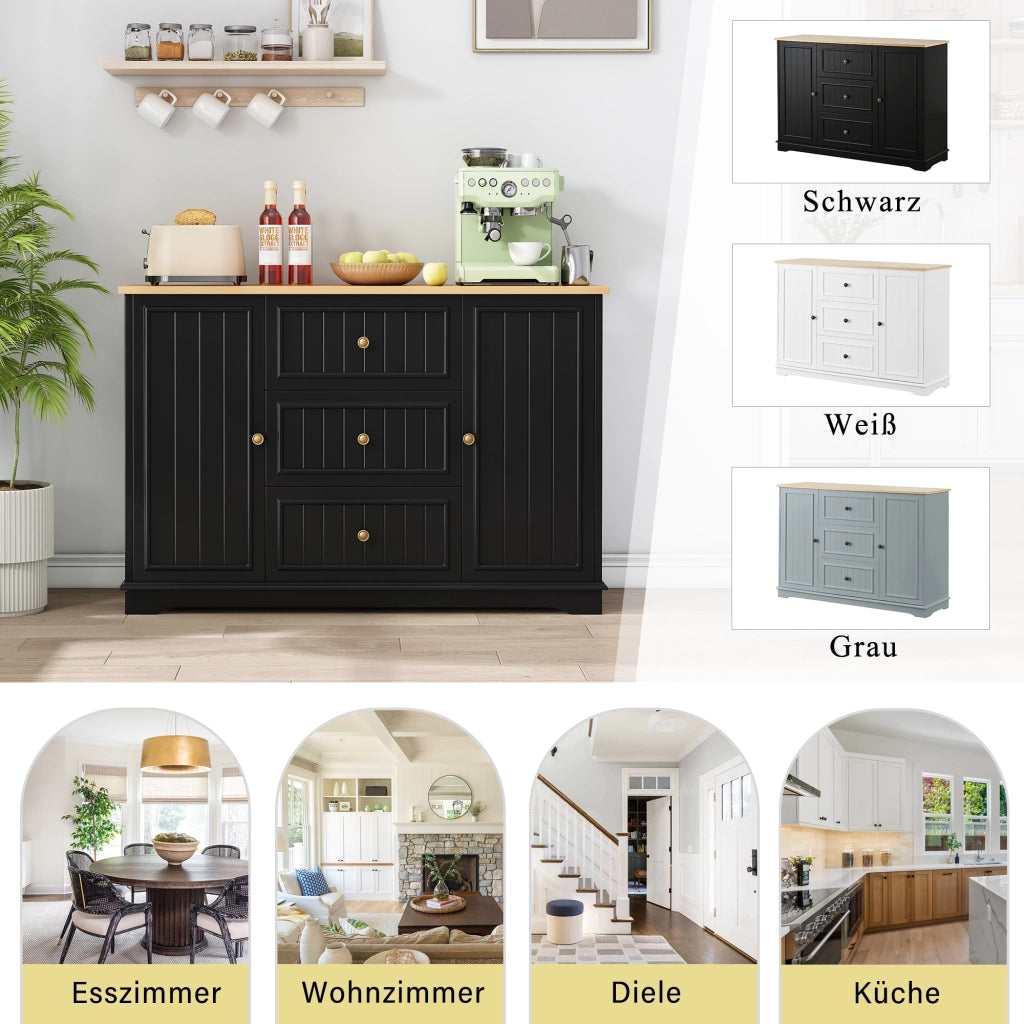 Credenza e madia moderna con 3 cassetti e ante, per soggiorno e sala da pranzo, in MDF, nero, 126 × 40 × 86 cm