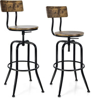 Set di 2 Sgabelli da Bar, Sgabello Girevole con Schienale Staccabile e Poggiapiedi, Altezza Regolabile da 69-76 cm, per Casa Cucina Bar