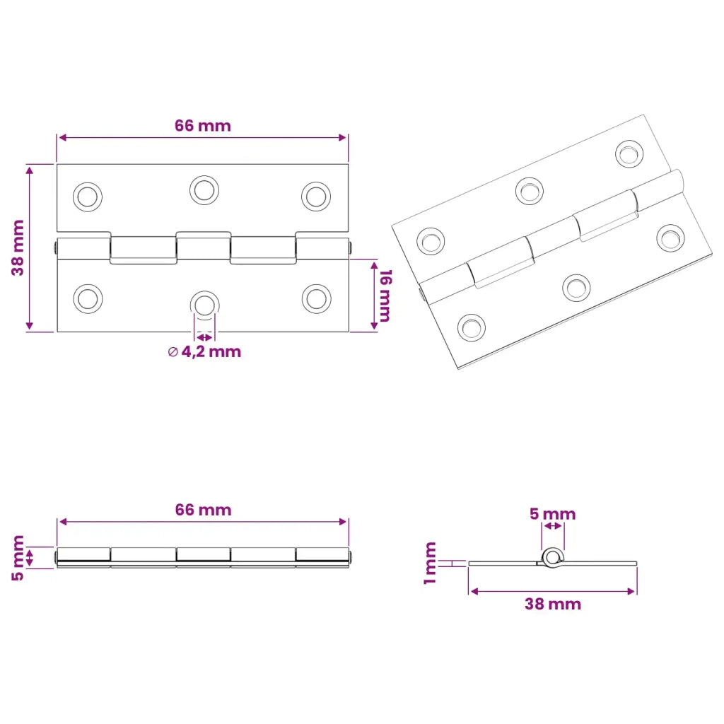 Cerniera 12 pz 66 x 38 x 5 mm Argento Acciaio 42041390