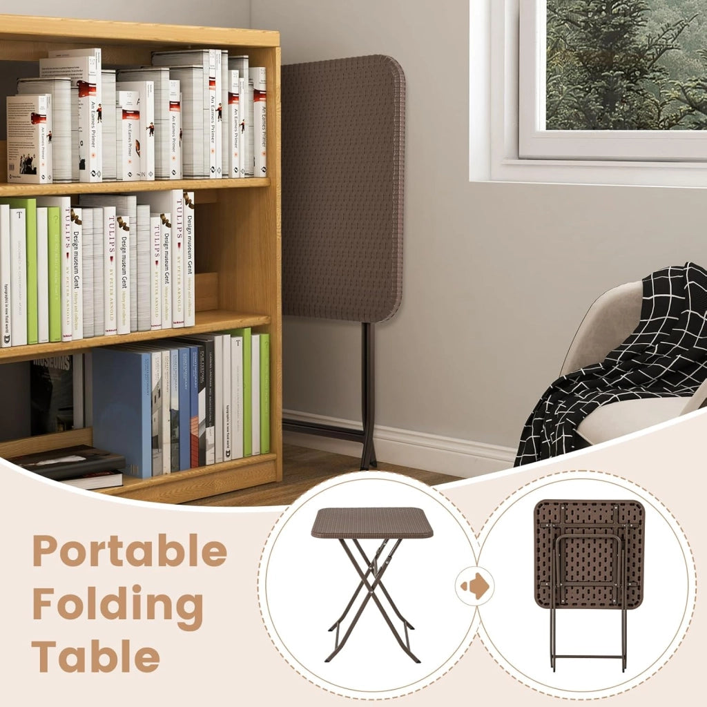 Tavolo da picnic pieghevole per 2 persone con piano in HDPE, tavolo da patio quadrato con texture in rattan con telaio in metallo, senza assemblaggio, per interni ed esterni