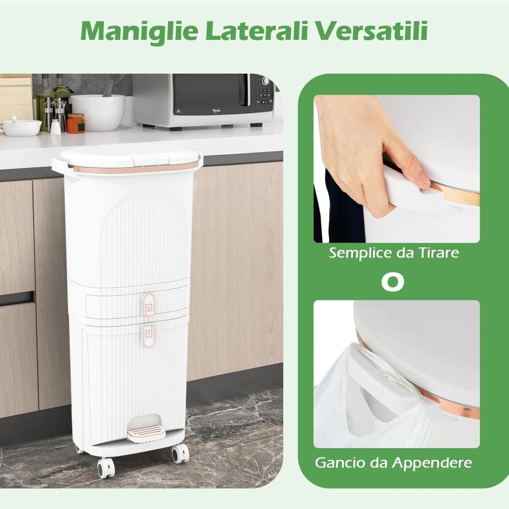 42 L（12+12+14+4 L） Pattumiera Differenziata, Secchio Spazzatura a 3 Scomparti con Cassetto e Coperchi, 2 Secchi Rimovibili Pedale e Ruote, Bidoni Differenziata per Bagno Cucina Ufficio