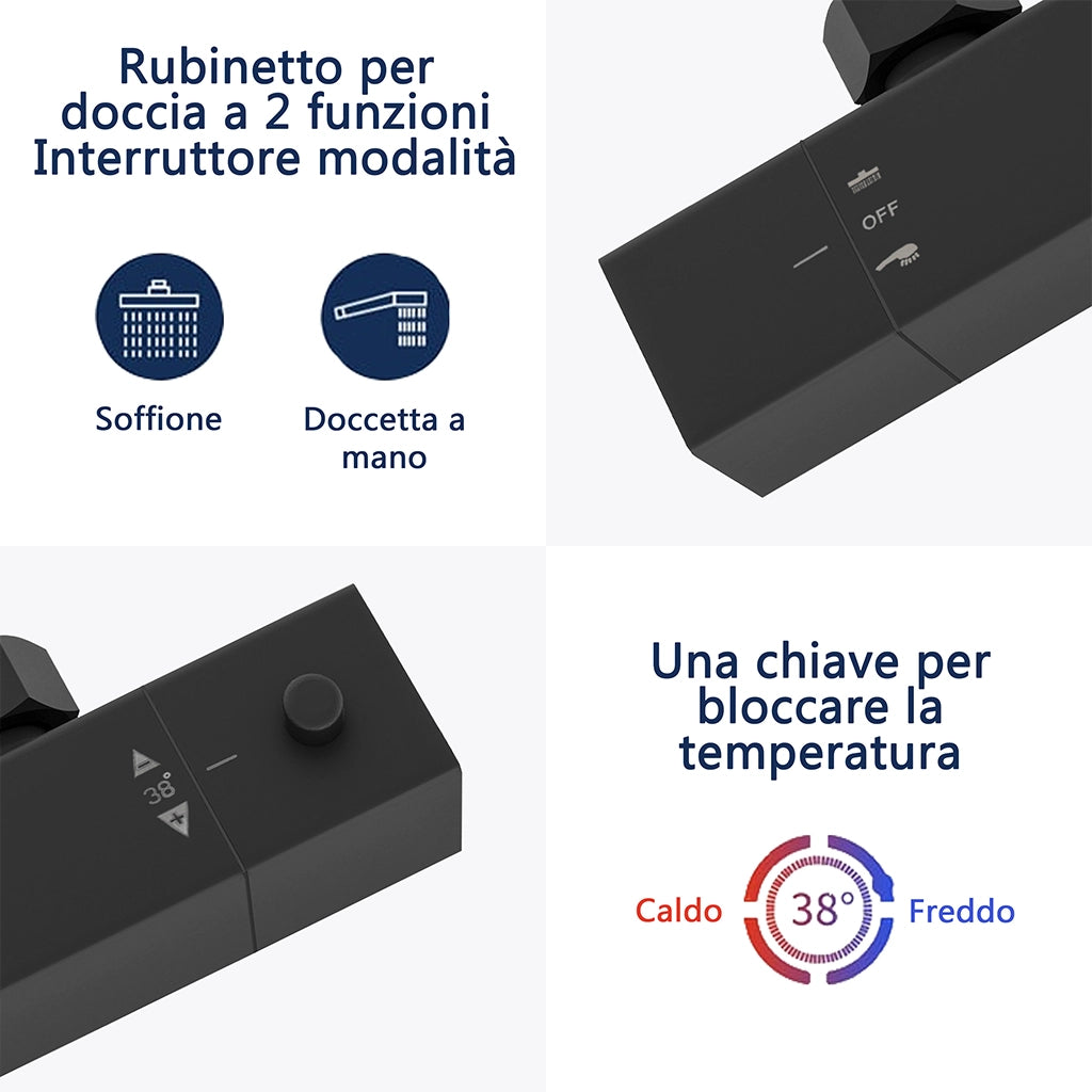 AICA ITALY Sistema Doccia con Miscelatore Termostatico a 38℃ e Soffione Tondo Altezza Regolabile 735-117cm Nero