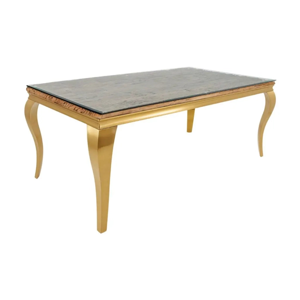 Table de salle à manger VELENA – Rectangulaire 200 cm – Bois de teck, verre et acier doré – Style baroque chic Tavolo da pranzo VELENA – Rettangolare 200 cm – Legno di teak, vetro e acciaio dorato – Stile barocco chic